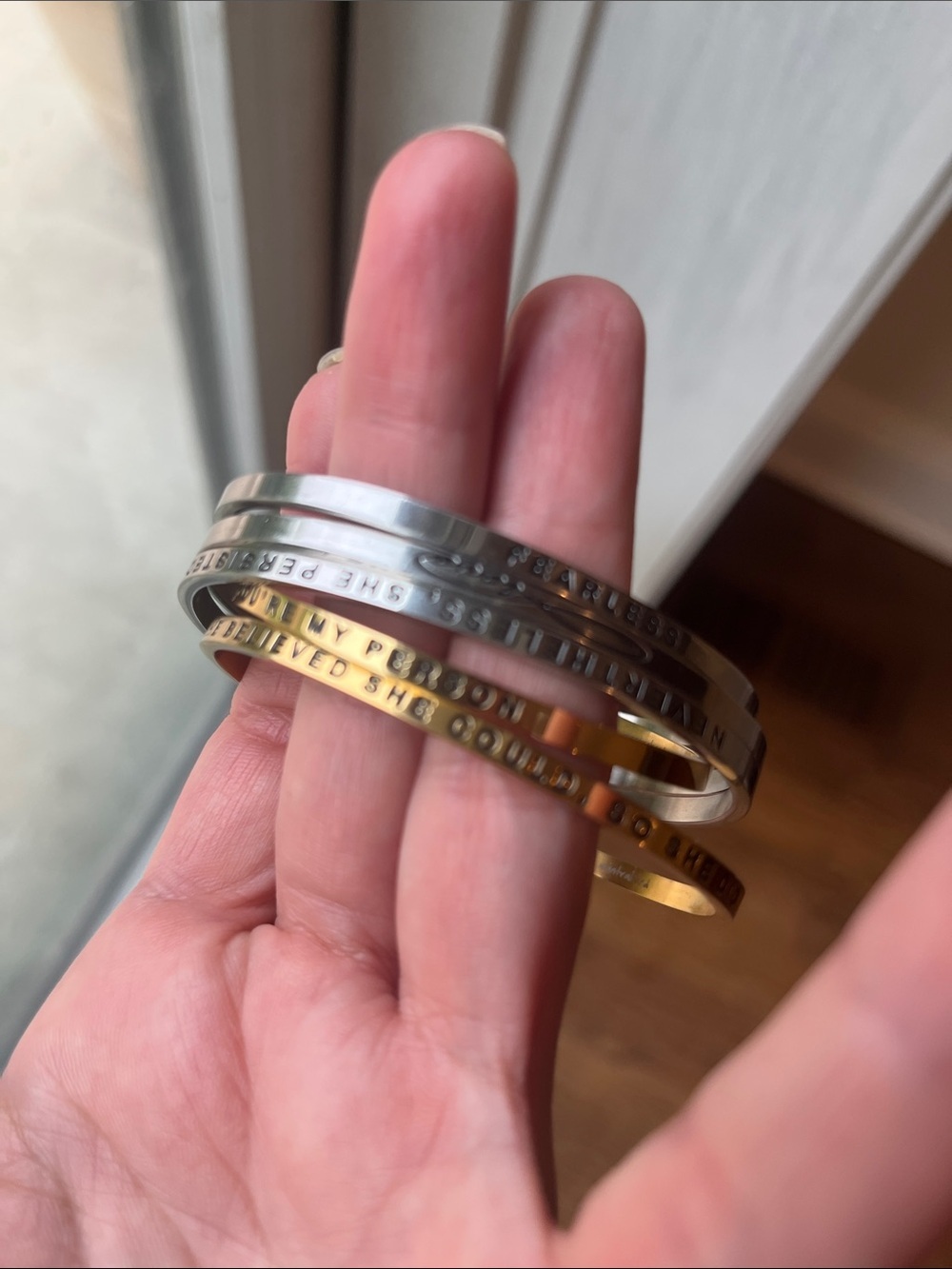 Mantraband x 5 Stacked Silver and Gold Stamped Bangle Set adjustable